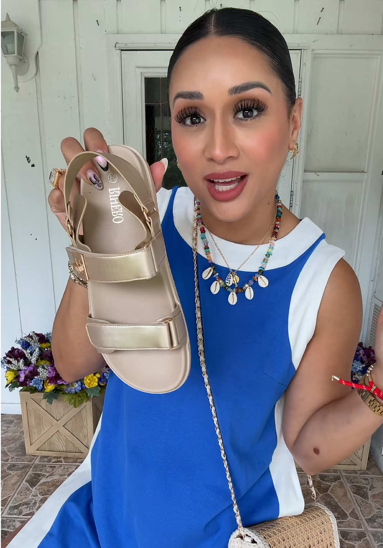 TikTok post by an influencer for Fashion Fashin. Caption reads: One of my favorite summer sandals! Comfy, cute and....