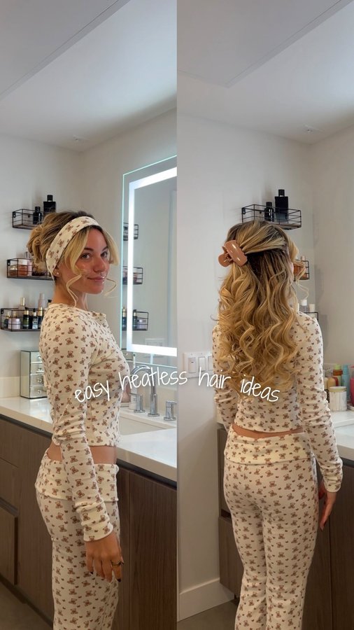 Instagram post by @chloetessmiller for Kitsch. Caption reads: 2 easy heatless hair ideas so you can wake up with....