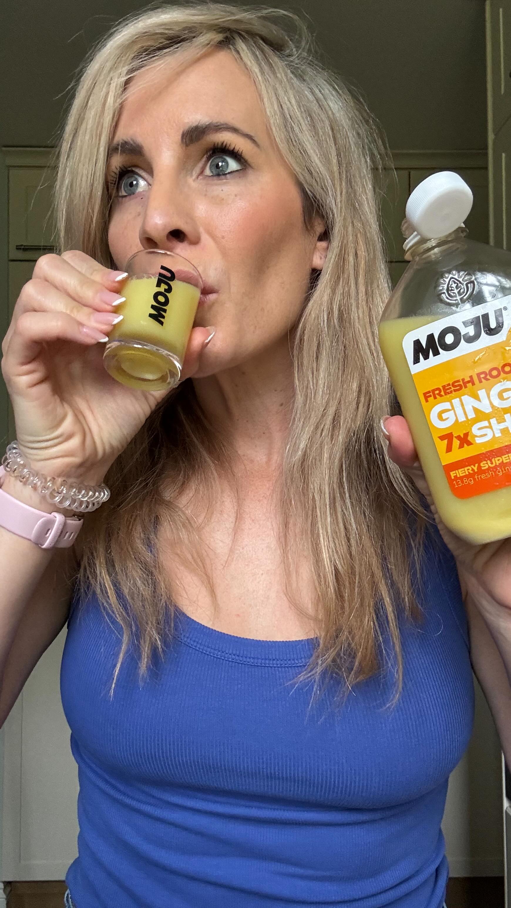 Instagram post by @hannaheastcomedy for MOJU Drinks. Caption reads: #AD If like me, you need a fiery kick to tackle....