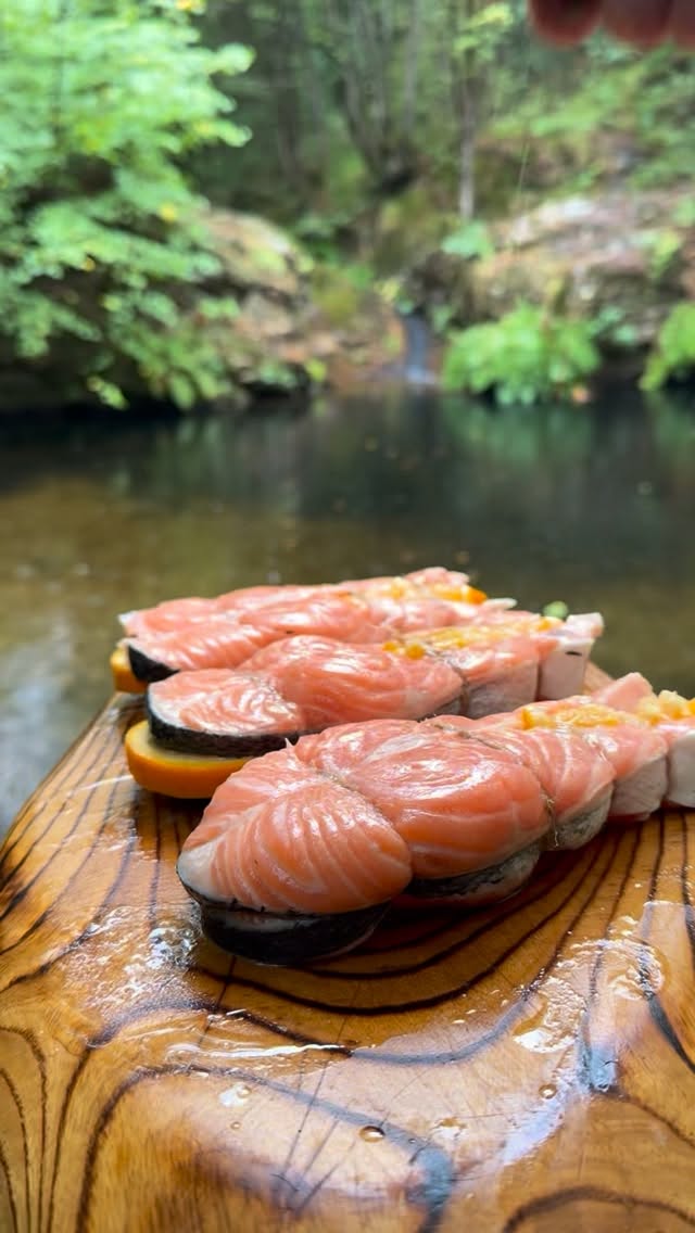 Instagram post by @steakvideos for The Nikos Knife. Caption reads: [...] Salmon Steak in the forest 🍊🐟🔥

‘The....