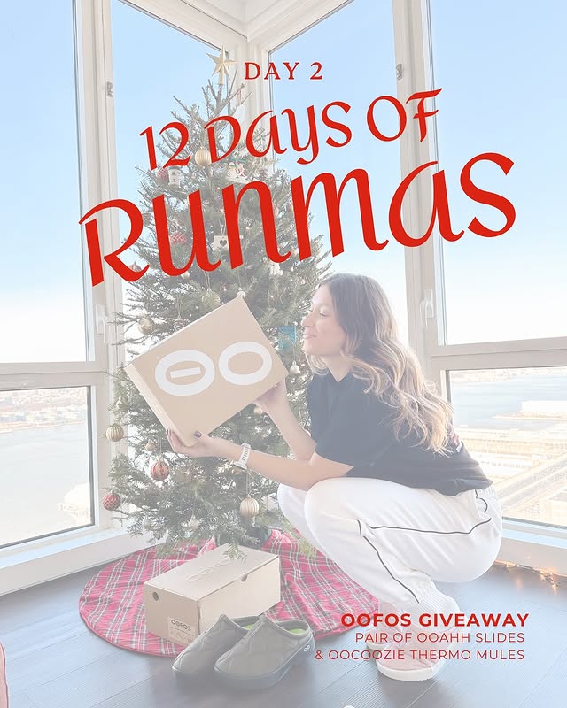 Instagram post by @runswithmal for OOFOS. Caption reads: On the 2nd Day of Runmas, Mal gave to me: 1 pair....