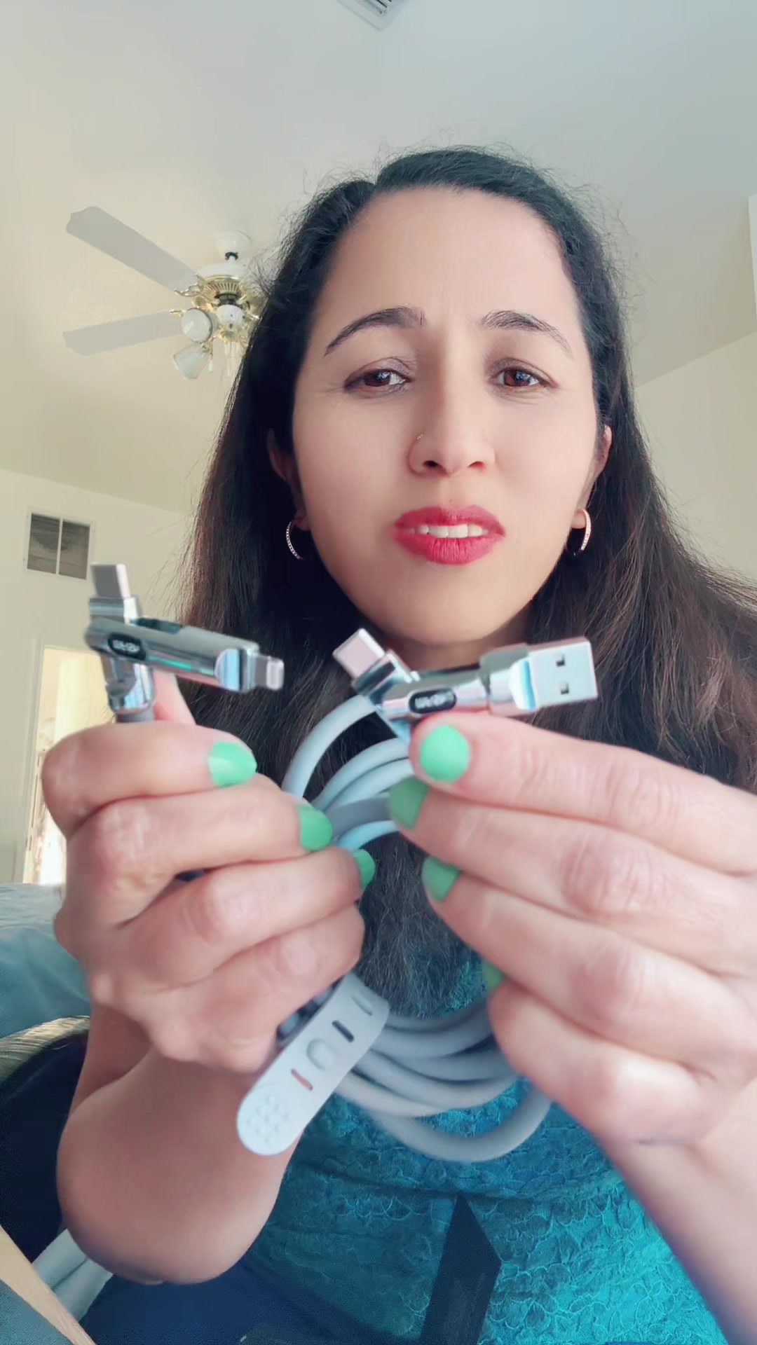 TikTok post by @vandana.upadhyay for MFish Tech. Caption reads: [...] #productreview #4in1chargingcable @MFishTech....
