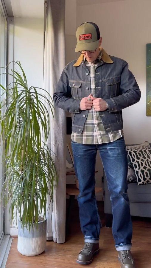 Instagram post by @joey_sam_blue for Red Wing Shoes. Caption reads: Double denim combo to start the day, I’ve always....