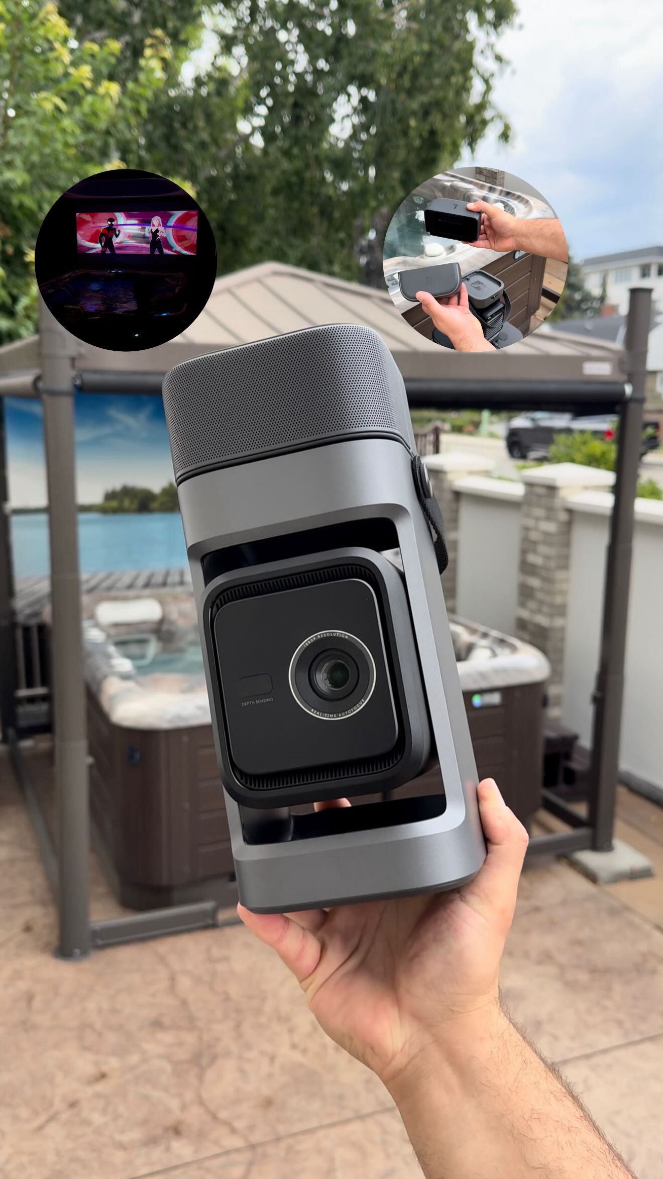 Instagram post by @dadrianca for Soundcore. Caption reads: Worlds first Portable Projector with Detachable....