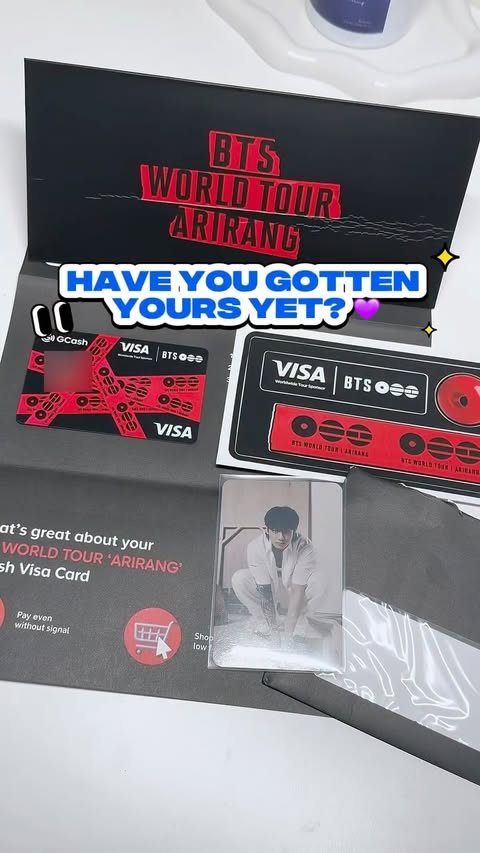 Instagram post by @koovphoria for GCash. Caption reads: [...] i go 💜🥹 unboxing my BTS ARIRANG GCash Card....