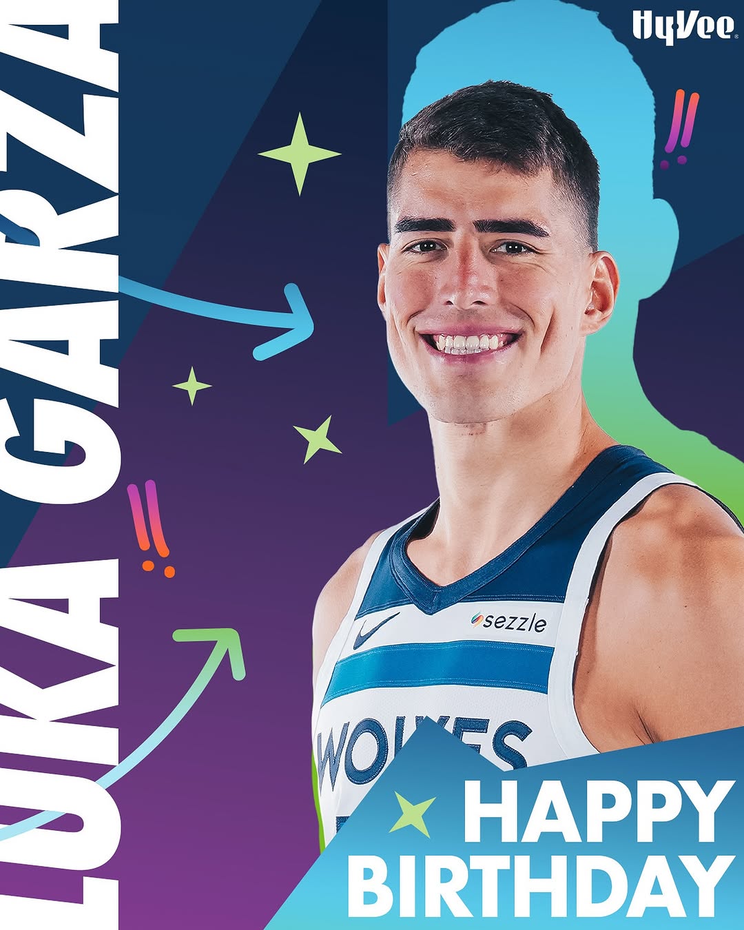 Instagram post by @timberwolves for Hy-Vee. Caption reads: HBD LUKAAAAA 🥳.
