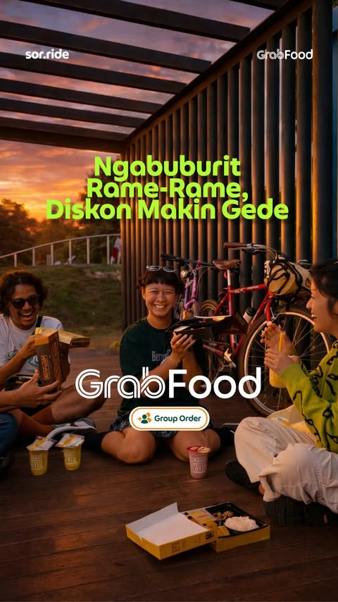 Instagram post by @sor.ride for GrabFood Indonesia. Caption reads: Ngabuburit rame-rame, diskon makin gede! Bukber....