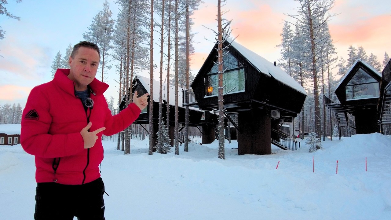 YouTube post by @WalkWithMeTim for Saily. Caption reads: I Stayed in a Treehouse in the Arctic Wilderness!.