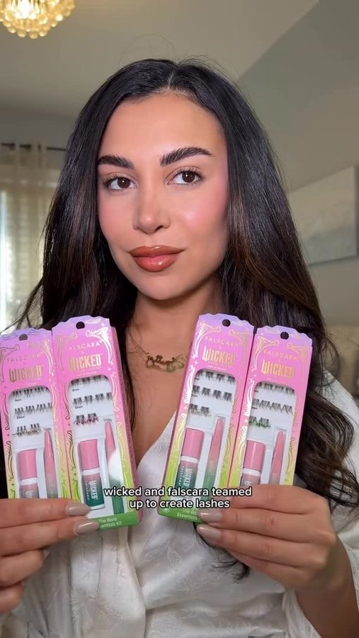 Instagram post by @christineabraham for Falscara. Caption reads: New @WickedMovie x @falscara DIY lash extensions....