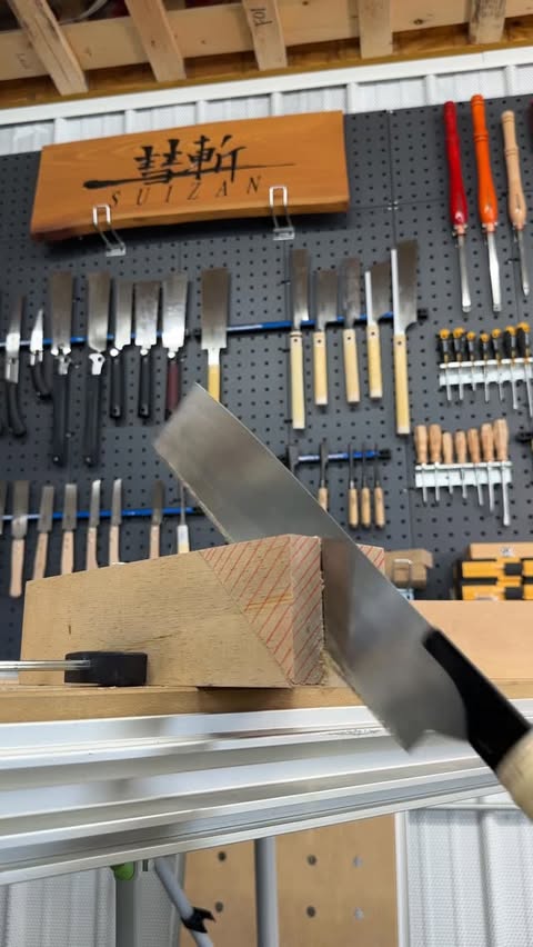 Instagram post by @dustylumberco for SUIZAN. Caption reads: Cutting mitered bridle joint with @suizan_japan....