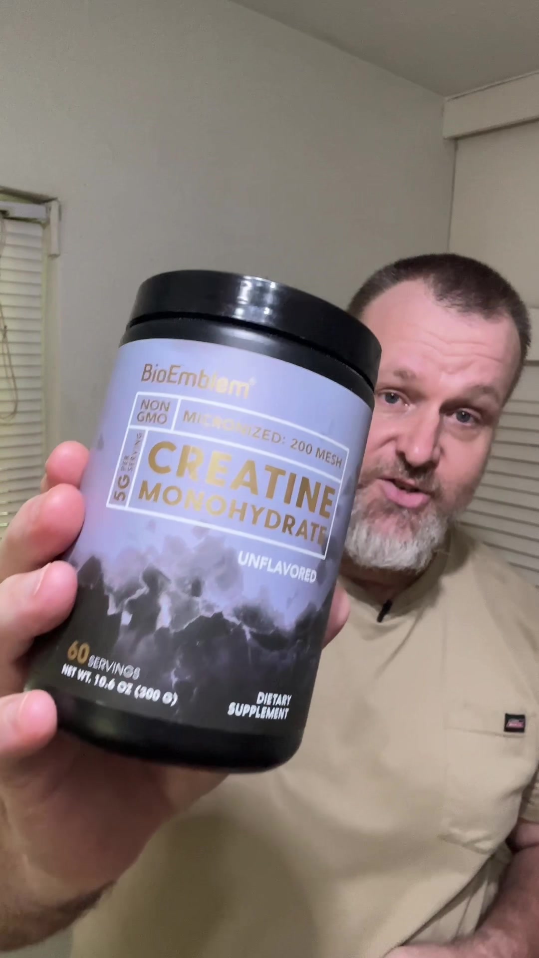 TikTok post by @train_g_style for BioEmblem. Caption reads: [...] creatine monohydrate 5mg/serving by....