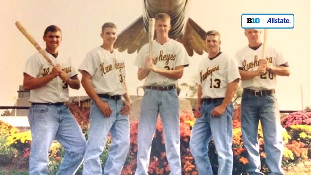 Instagram post by @b1g_d1baseball for Allstate. Caption reads: [...] ago 💛 A️t the Plate presented by @allstate.