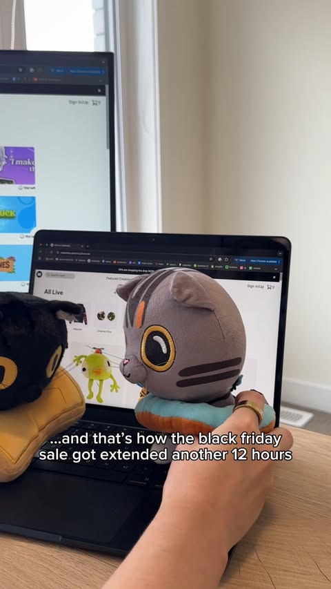 Instagram post by @halfasleepchris for Makeship. Caption reads: well, cat's outta the bag 🐈🐈‍⬛ cyber monday is....