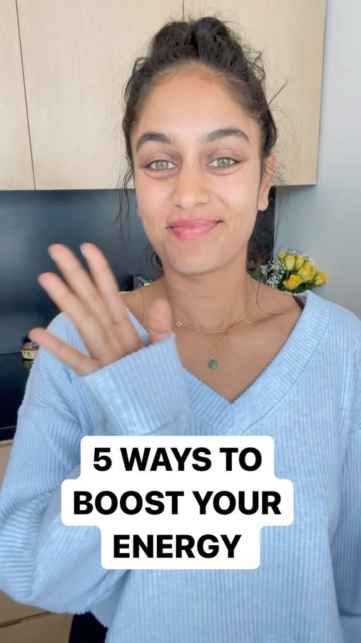 Instagram post by @radhidevlukia for Vivo Life. Caption reads: 5 WAYS TO BOOST YOUR ENERGY. 💛Partnered with....