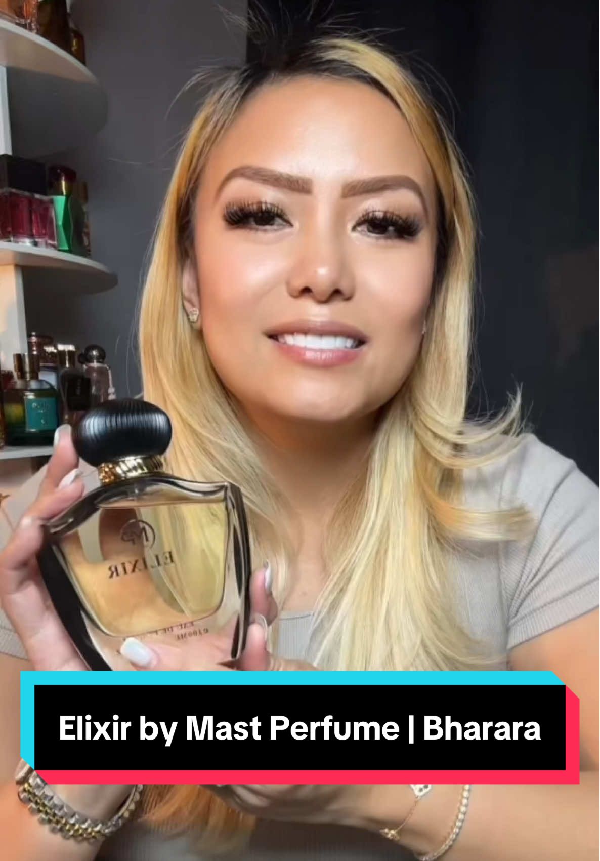 TikTok post by @designergenes_ for Bharara Beauty. Caption reads: Elixir by Mast Perfume @Bharara Beauty @Tiktok VP....