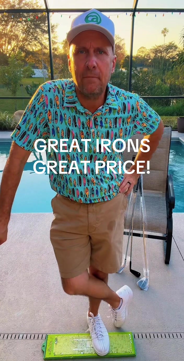 TikTok post by @golfpantsman for 69 Golf. Caption reads: [...] help you hit them 👊 #golf #fyp #irons @69....