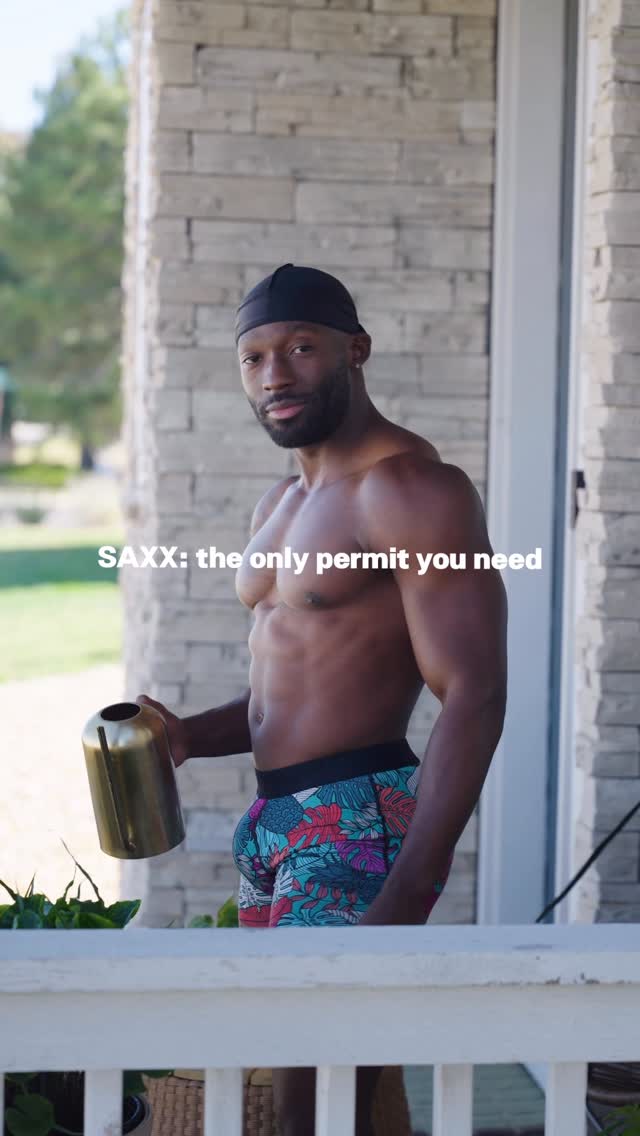 Instagram post by @k_wossie for SAXX Underwear. Caption reads: POV: You went outside to water your plants and....