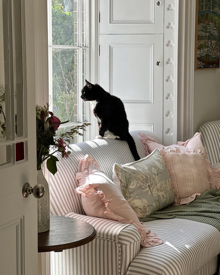 Instagram post by @katesgeorgianhome for Arena Flowers. Caption reads: A few recent pictures 🌸
1. Bestie Cat keeping an....