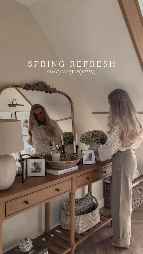 Instagram post by @_gemmalouisemiles for The Cotswold Company. Caption reads: AD | Let’s style my new console table for spring....