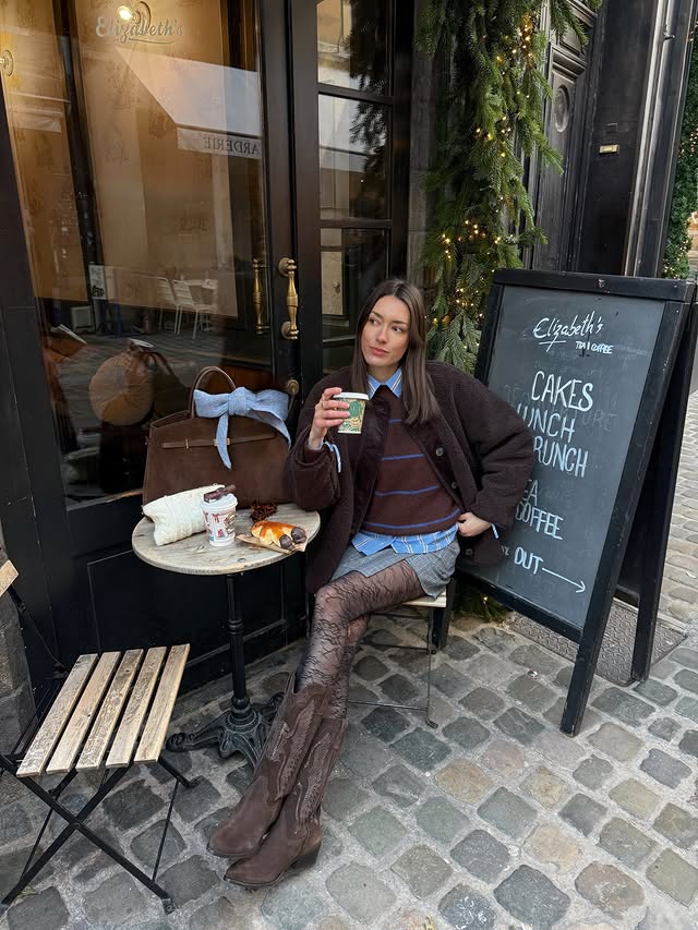 Instagram post by @anneorion for Promod. Caption reads: blue + brown combo for winter wearing @promod x....