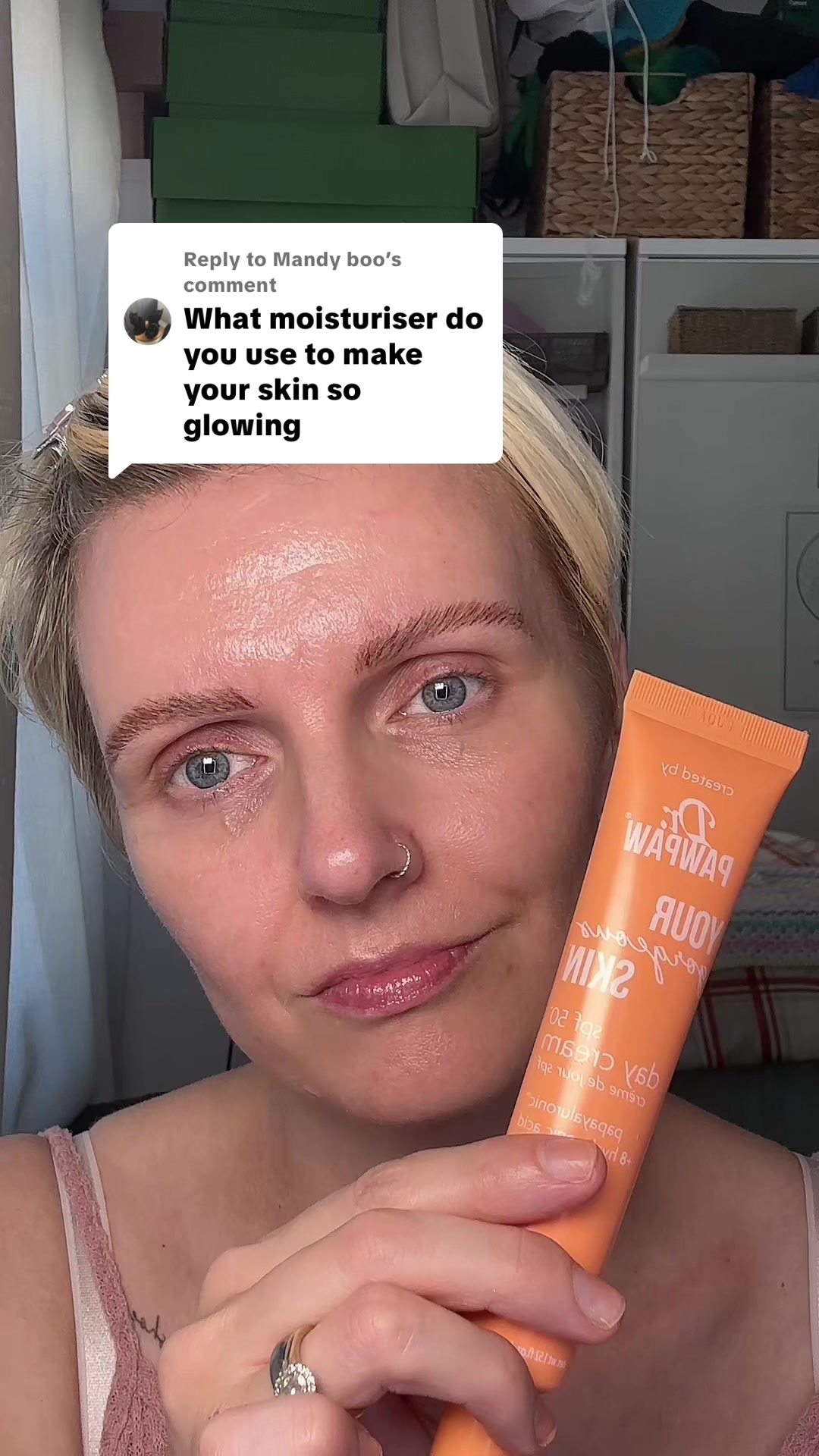 TikTok post by @40slifelou for Dr.pawpaw. Caption reads: [...] #moisturiser #spf #glow #glowyskin....