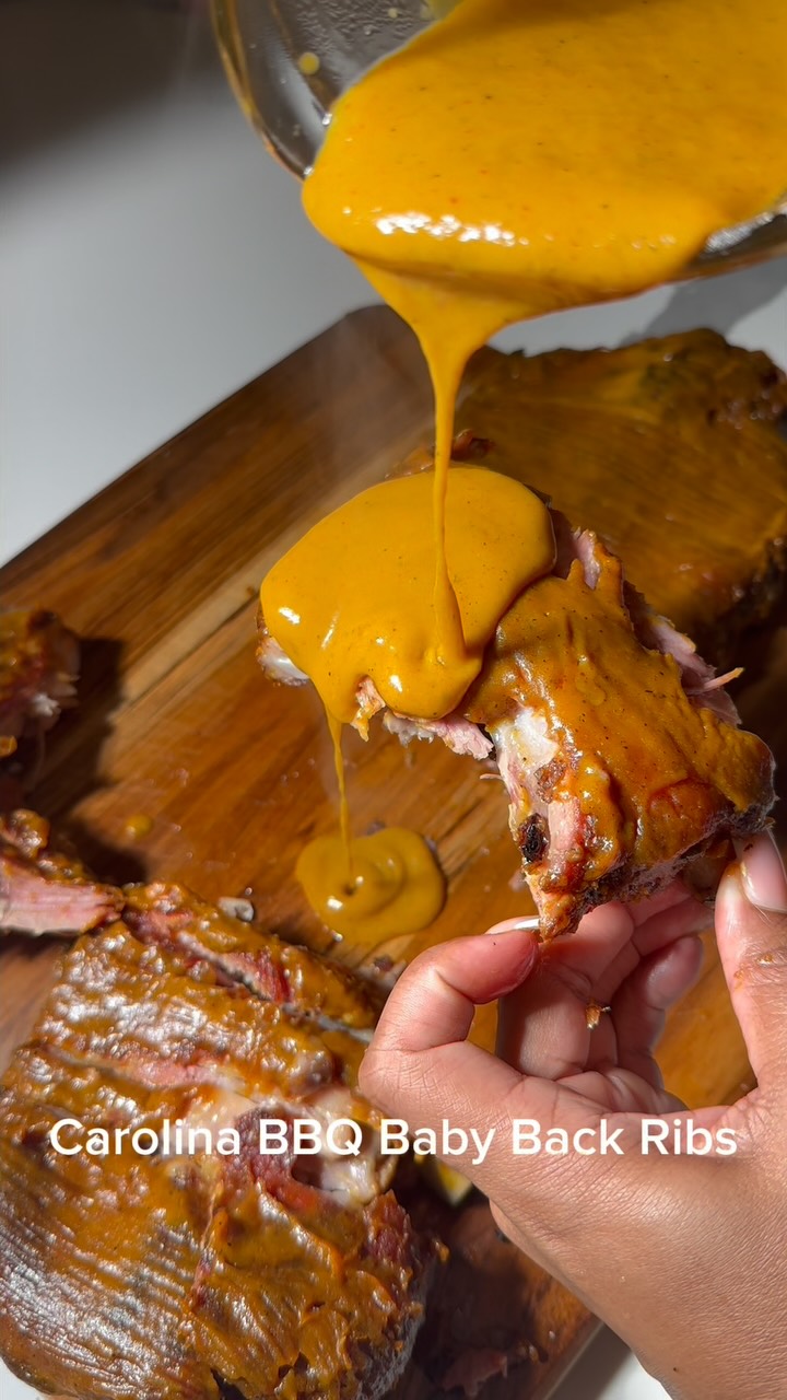 Instagram post by @cookingwithdestiny for Soulful Pork. Caption reads: These Carolina BBQ Baby Back Ribs were so tender....