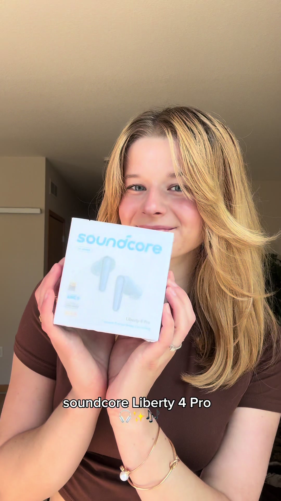 TikTok post by @katlinsannan for Soundcore by Anker. Caption reads: soundcore Liberty 4 Pro ✨🎧 #techtok #soundcore....