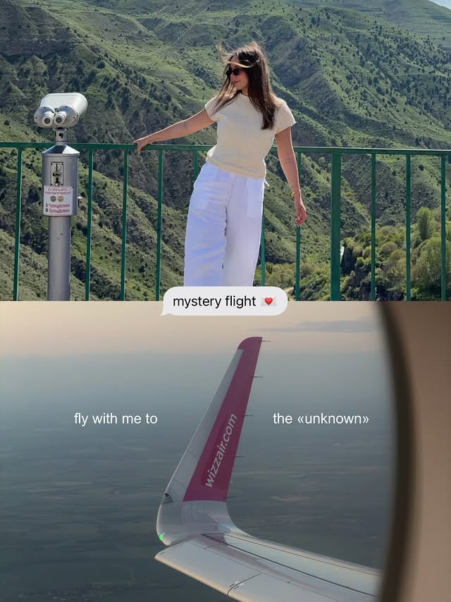 Instagram post by @kriskrechina for Wizz Air. Caption reads: [...] 🤭 Fly with me to the «unknown»! #ad....