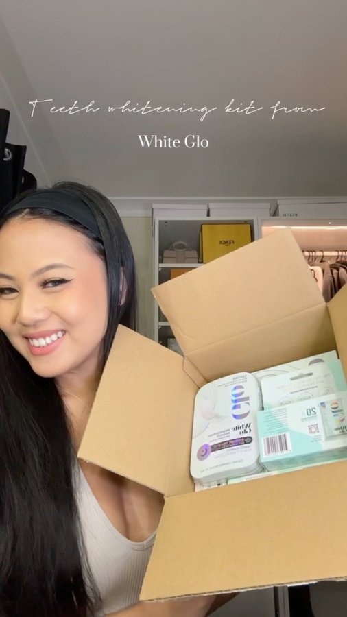 Instagram post by @_jasmincervantes_ for White Glo. Caption reads: Unbox my Advanced Teeth Whitening Kit from....