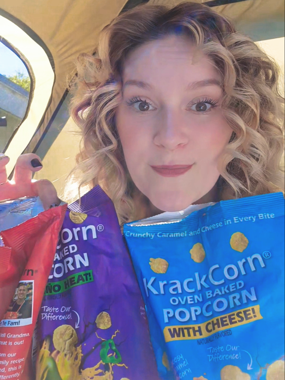 TikTok post by @whitney_speaking for KrackCorn Popcorn. Caption reads: Honest review of the @KrackCorn Popcorn popcorn....
