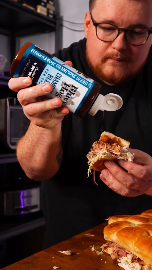 Instagram post by @justinbcooks for Blues Hog. Caption reads: #ad At home tailgate sliders using @blueshognation....