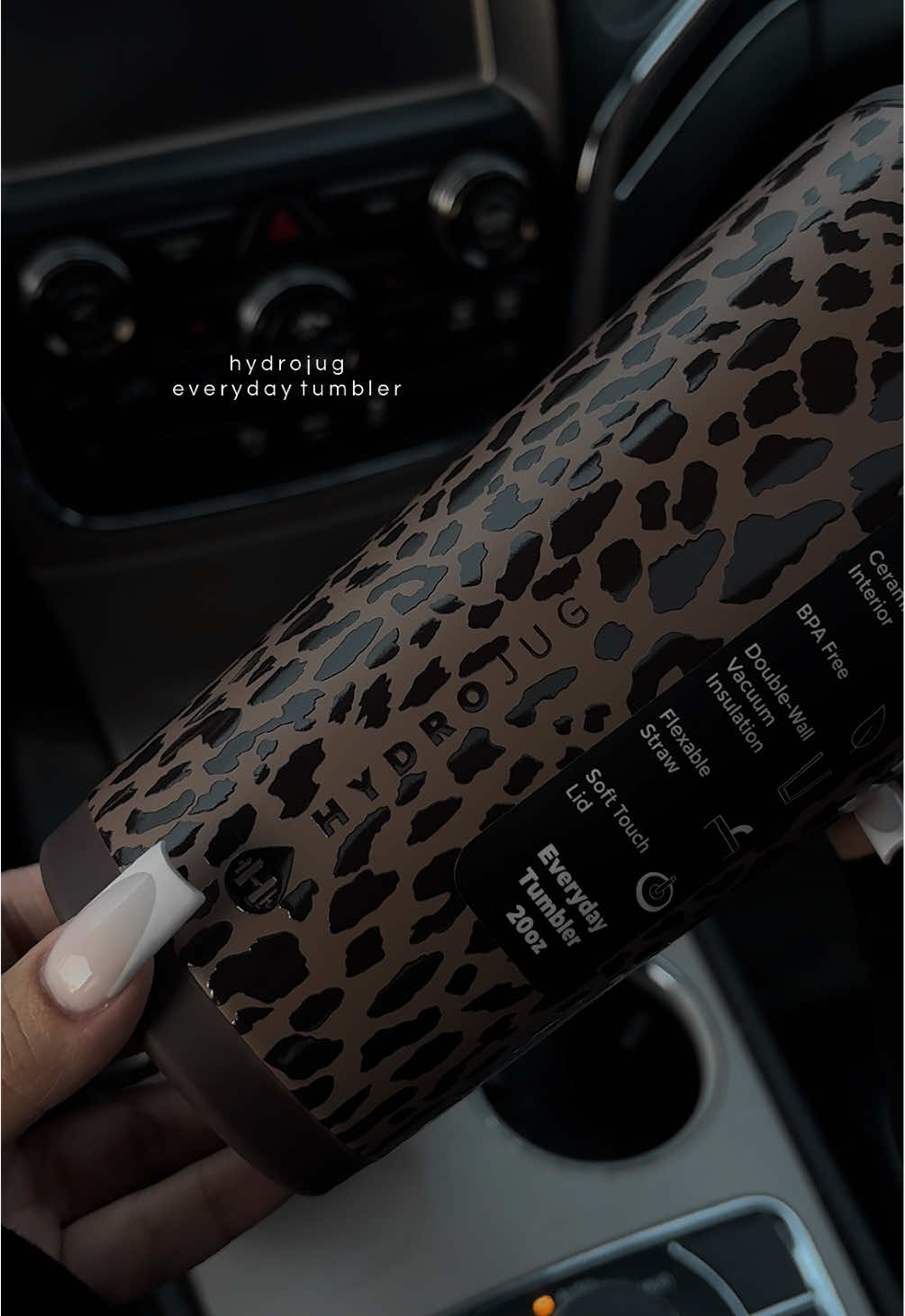 TikTok post by @aylinxxm for HYDROJUG. Caption reads: @HYDROJUG 🖤 #leopardprint #tumbler....