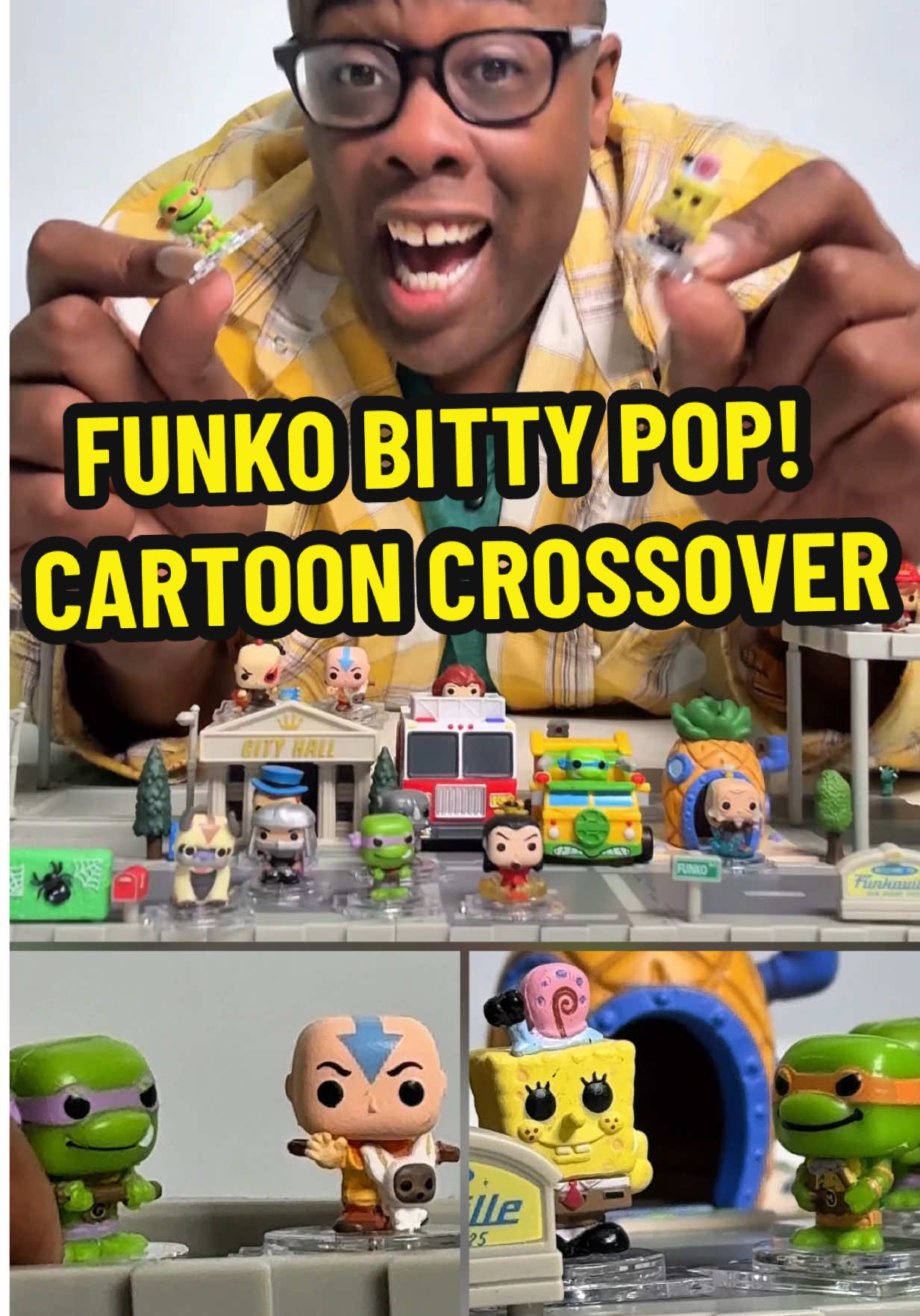 TikTok post by @blacknerdcomedy for Funko. Caption reads: Cartoon Crossover in Funkoville! With Funko Bitty....