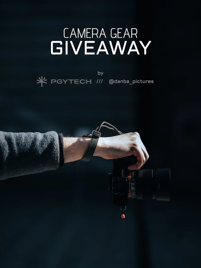 Instagram post by @danba_pictures for PGYTECH. Caption reads: 🎁 PGYTECH CAMERA GEAR GIVEAWAY For the ones who....