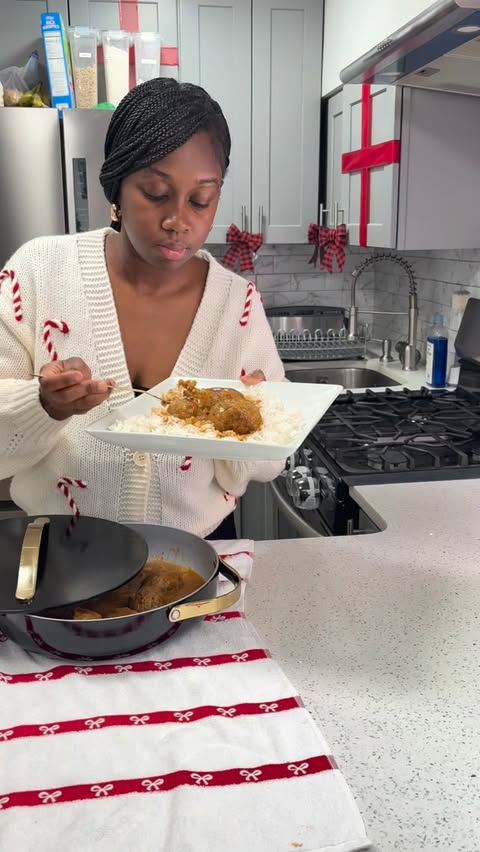 Instagram post by @entreesofdelight for Caraway Home. Caption reads: Smothered meatballs made EASY for Sunday Dinner....