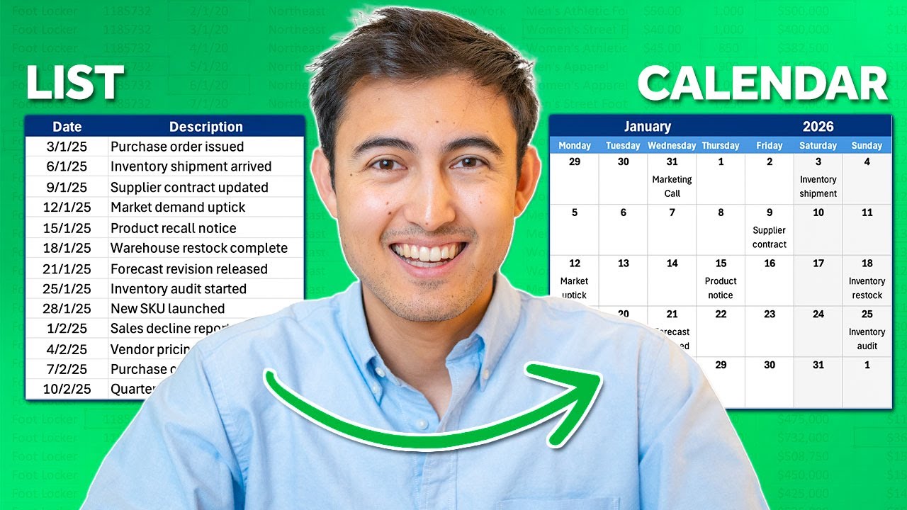 YouTube post by @KenjiExplains for HubSpot. Caption reads: Create a Dynamic Calendar From a List of Events in....