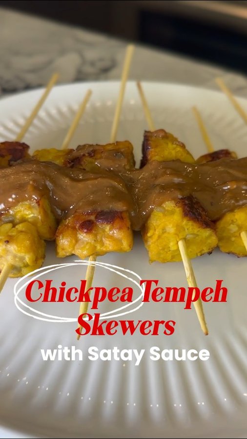 Instagram post by @lianawernergray for SunButter. Caption reads: These Chickpea Tempeh Skewers with Satay Sauce are....