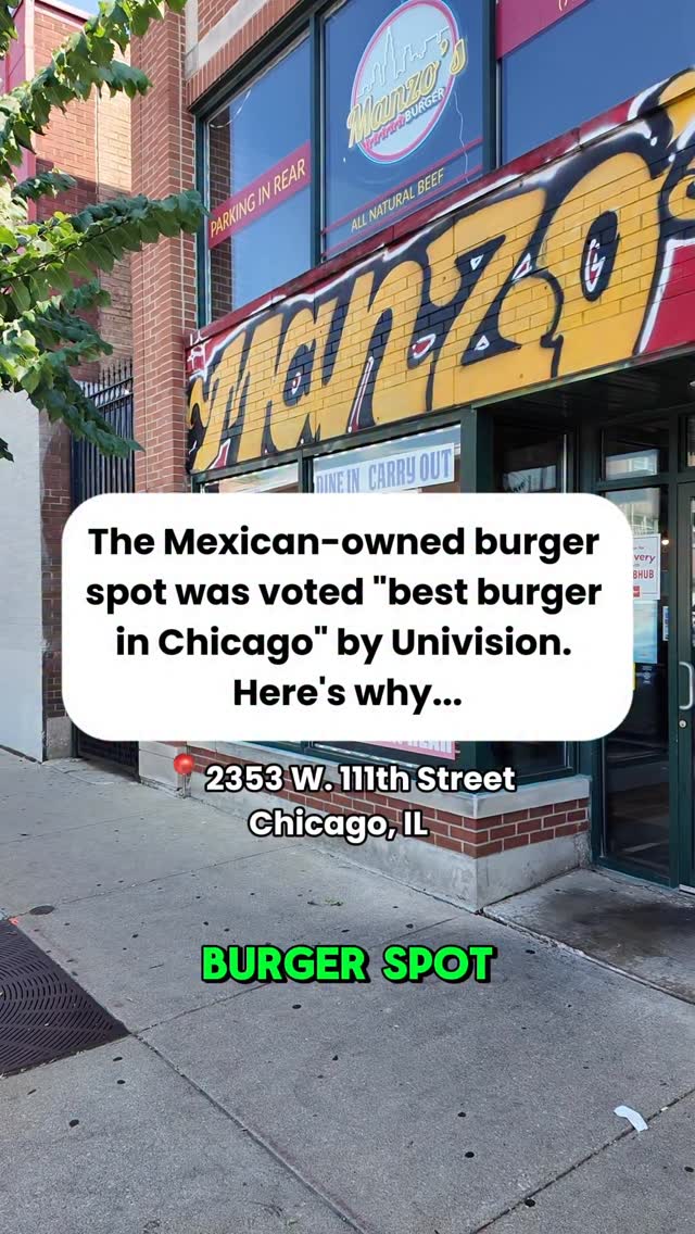Instagram post by @mrcrim3 for Choose Chicago. Caption reads: This Mexican-owned burger spot, @manzos_burger, in....