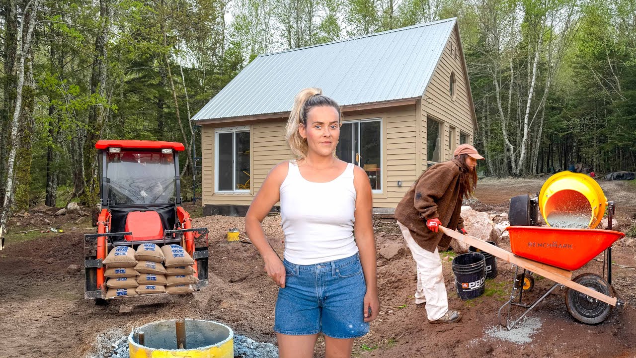 YouTube post by @Vanwives for Airalo. Caption reads: Rebuilding Off-Grid Cabin & Pouring Concrete....