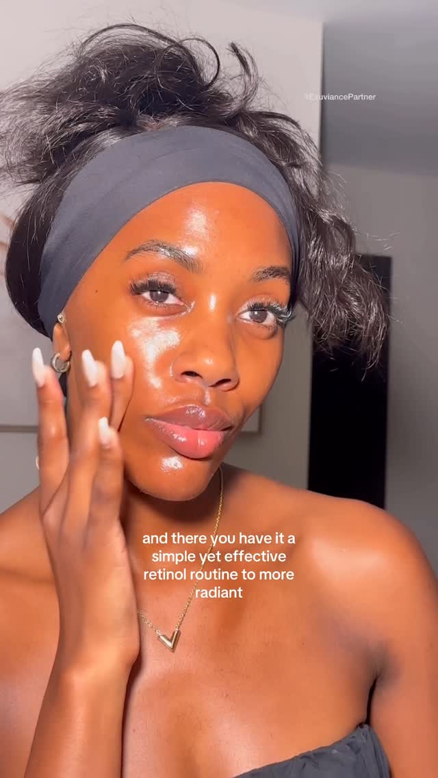 Instagram post by @iamcrystalnicolee for Exuviance. Caption reads: Building a retinol routine with the new @exuviance....