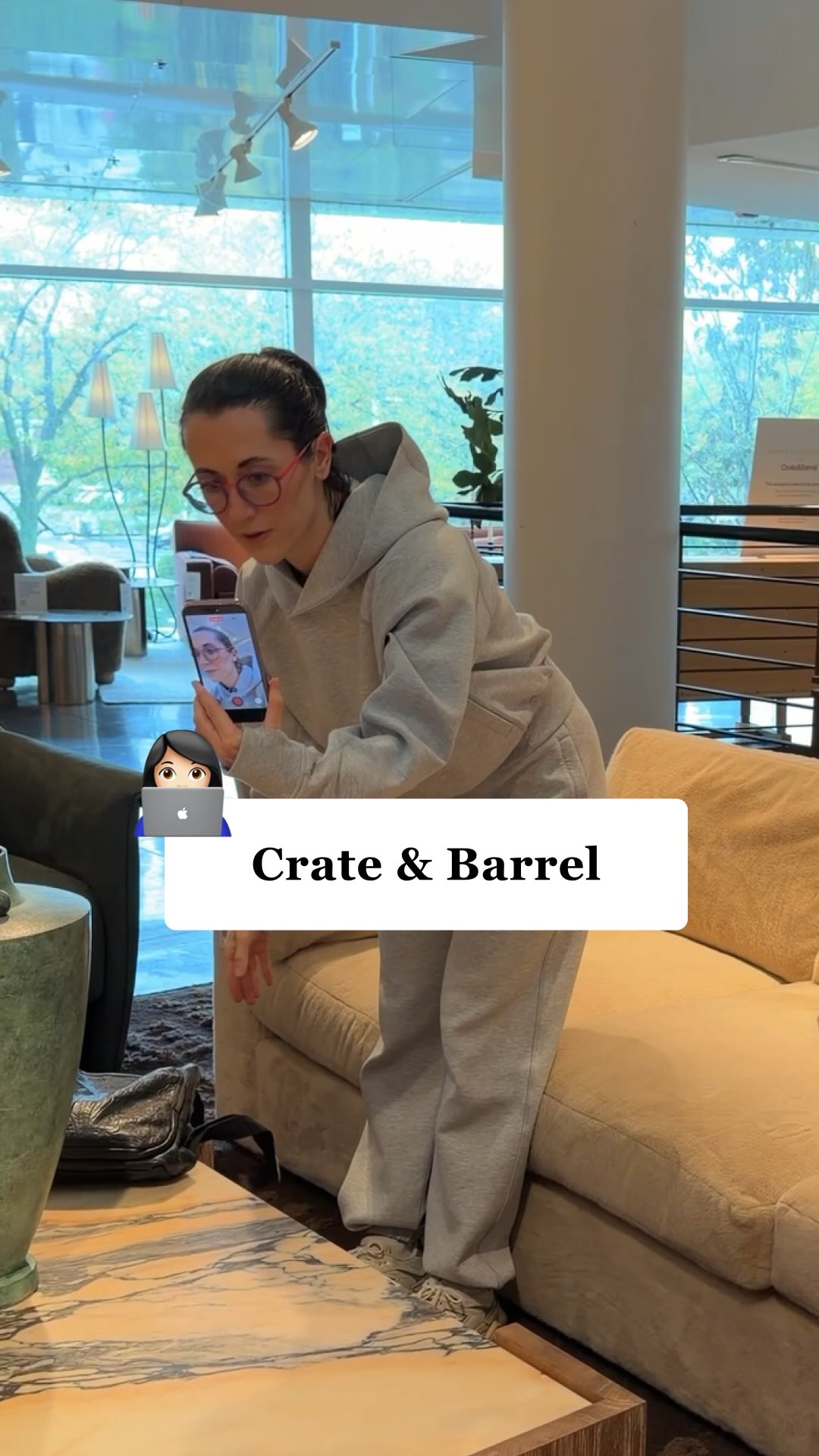 Instagram post by @alexonabudget for Crate and Barrel. Caption reads: Part 3: Searching for the perfect couch 🛋️ next....