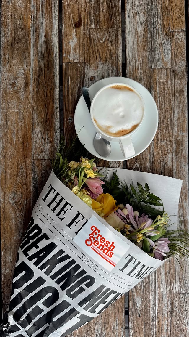 Instagram post by @francescamarcos for Fresh Sends. Caption reads: Coffee dates with @freshsends are 10x better 💐....