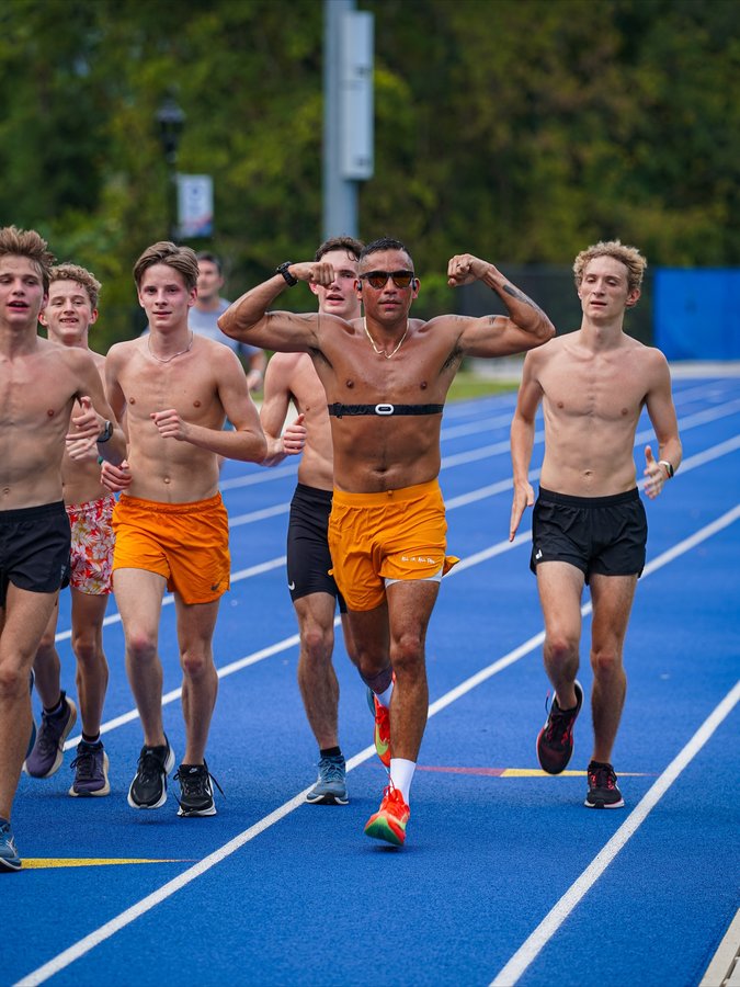 Instagram post by @kallupmccoy for Fuel Goods. Caption reads: A guy who ran across America, the #1 XC team in....