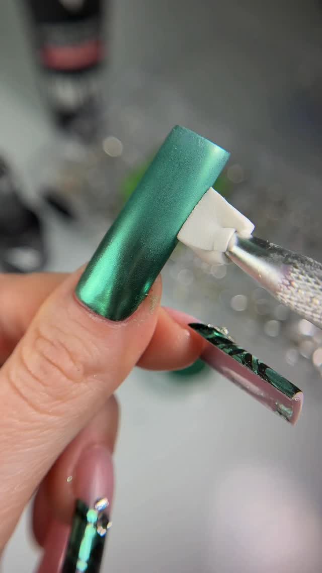 Instagram post by @miralina_nails for VBeautyPure. Caption reads: frosted evergreen 🌲🖤🌬️

@vbeautypure “mint....