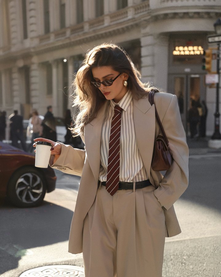Instagram post by @heloise.guillet for The Frankie Shop. Caption reads: Tie day in NYC 🤎 @thefrankieshop 

Gift.