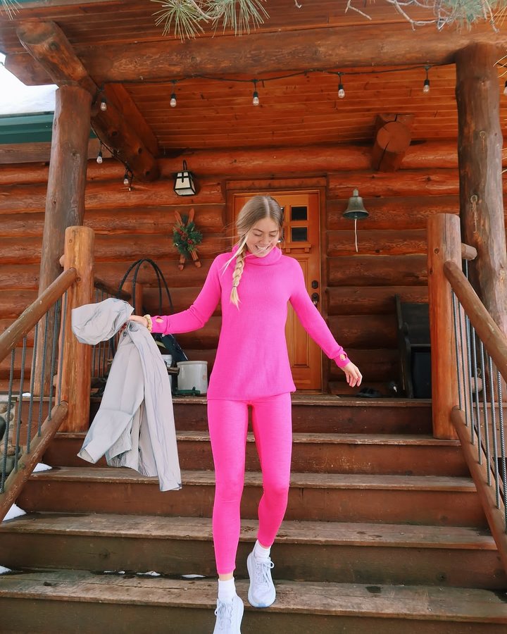 Instagram post by @grace_donner for Eddie Bauer. Caption reads: [...] highbeams on!! 🪩💓 cutest fit from....