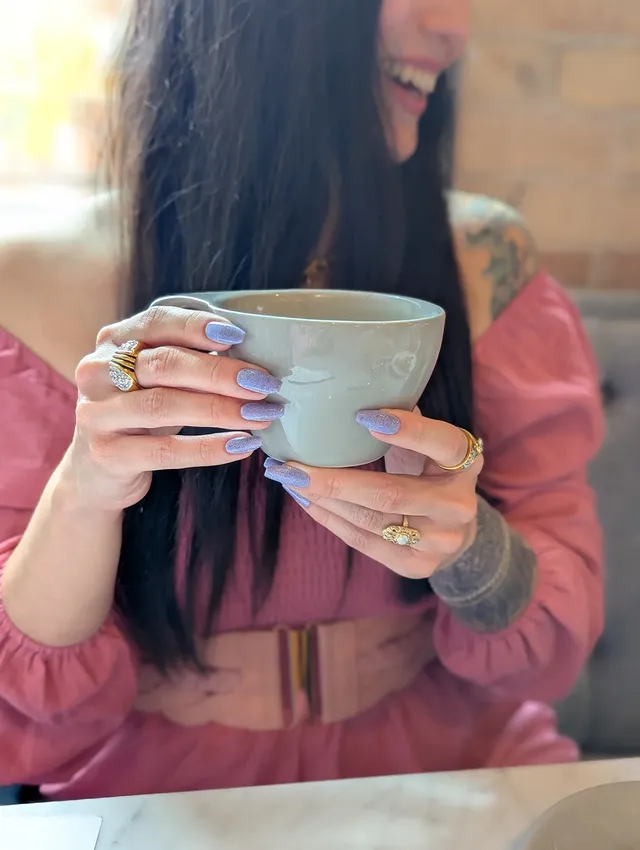 Instagram post by @nicholeleigh.nails for Cracked Polish. Caption reads: ☕ @crackedpolish 'Café Countertop' over 'Ube Ice....
