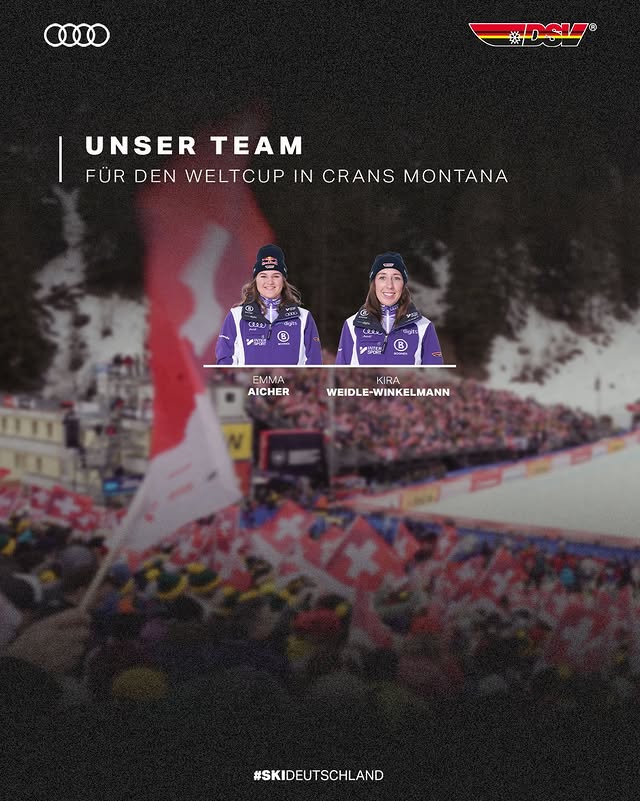 Instagram post by @dsv_alpin for Audi. Caption reads: SPEED WORLDCUP TOGETHER. 🤝 🚺🚹 #SkiDeutschland....