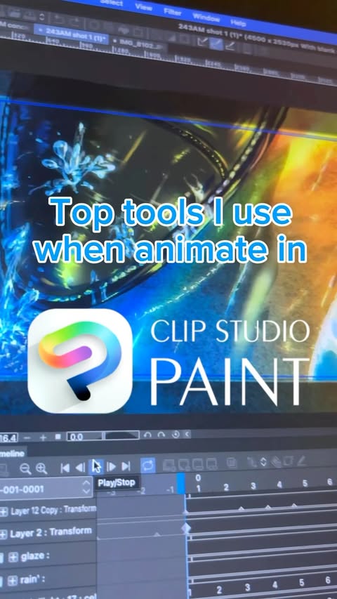 Instagram post by @syl.thfarn for Clip Studio Paint. Caption reads: [...] tools I use when animating in Clip Studio....