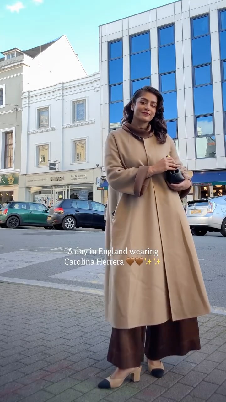 Instagram post by @angelydub for Carolina Herrera. Caption reads: A sunny day in Engand. Styled myself in....